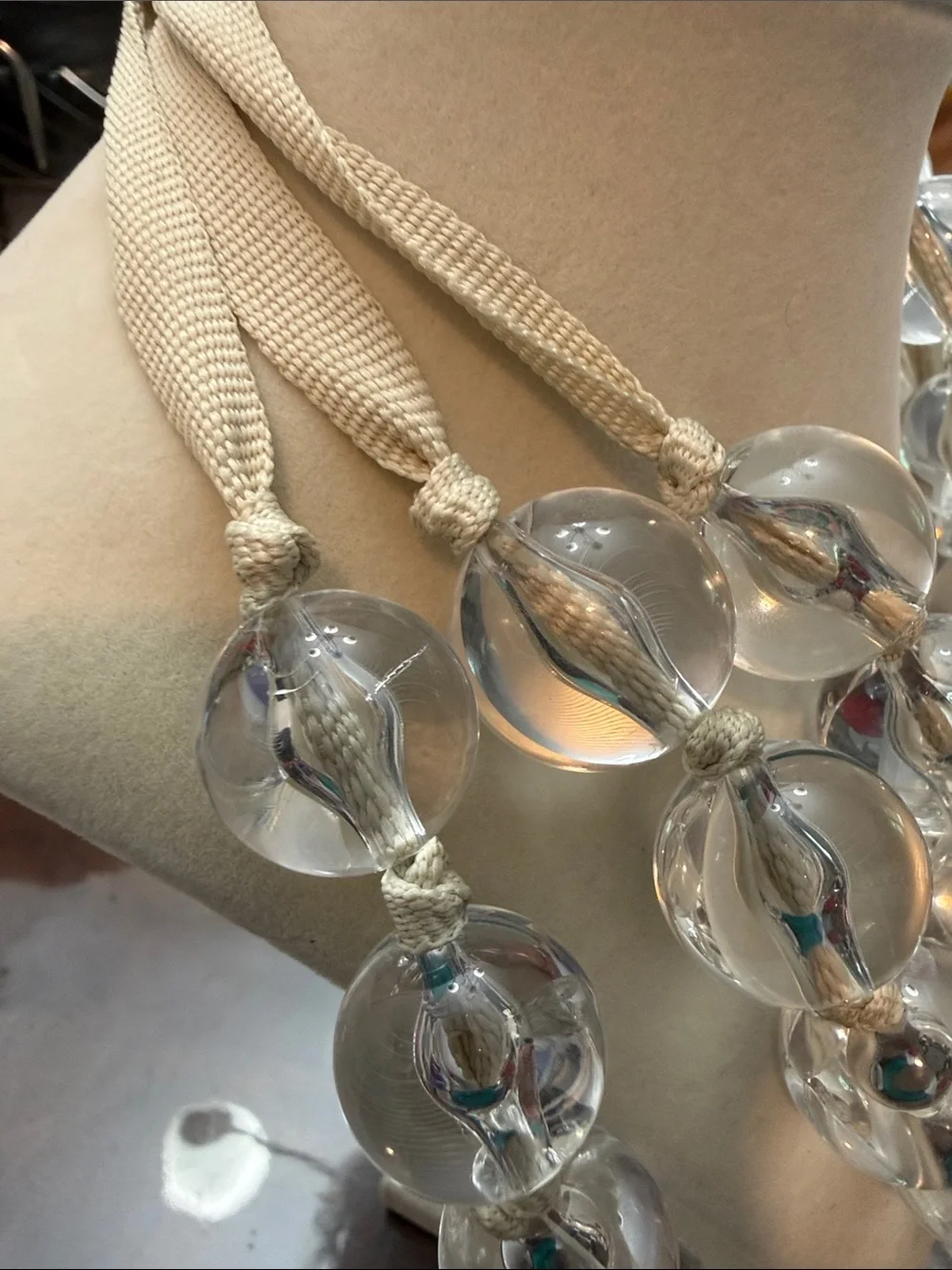 Y2K Signed Sequin Runway Clear Lucite Bead Triple Strand Statement Neklace